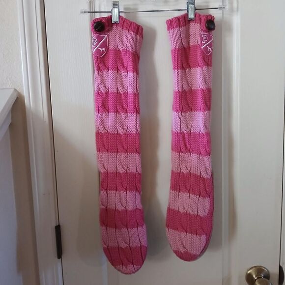 RARE Y2K VTG Victoria's Secret PINK Cable Knit Striped Knee-High Slippers M 7/8 - Picture 6 of 8